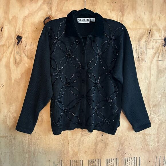 Vintage Western Connection Black Beaded Cardigan Cotton Button Up Sweater Sz M - Picture 1 of 7